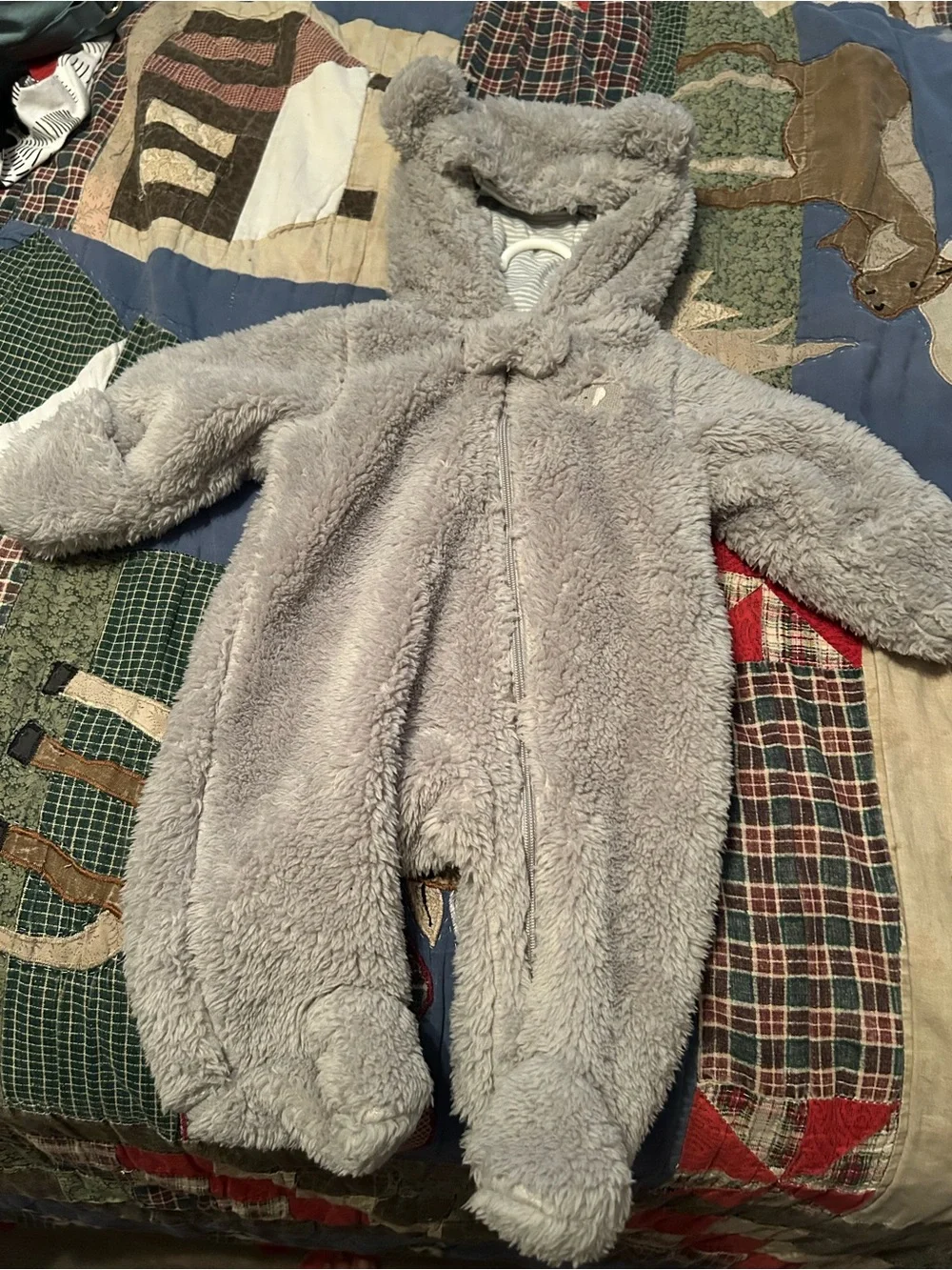 Carter's Light Gray Plush Bear Hooded Baby One-Piece Footie